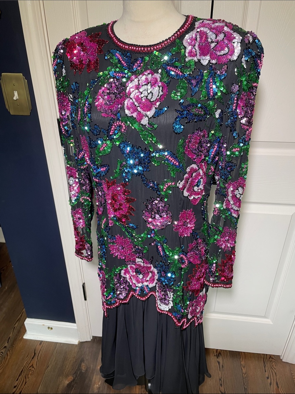 Vintage Black Tie Floral Sequined Beaded Evening Dress Asymmetrical‎ Hem Size 14